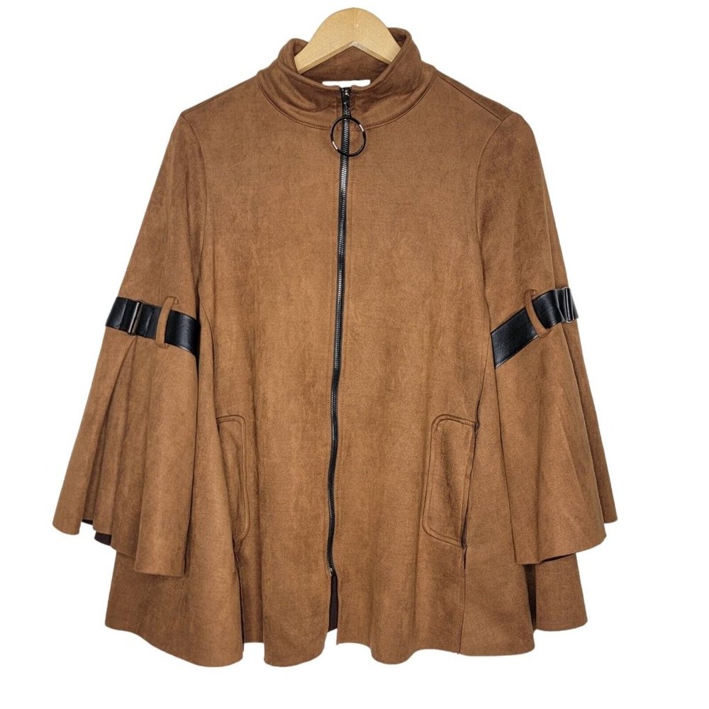 Joseph Ribkoff Size 8 Brown Vegan Suede Swing Jacket Bell Sleeves Full Zip‎